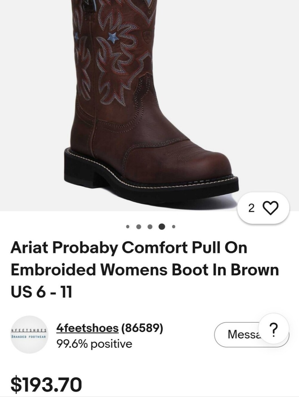 Ariat Comfort Pull-On Embroidered Women's Boot in Brown. Size 9B